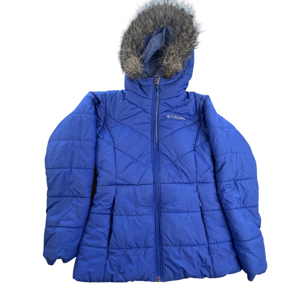 Columbia Coat Kids M 10-12 Blue Puffer Hooded Faux Fur Trim Parka Winter Snow